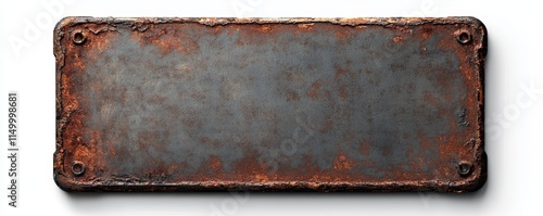 Rusty metal plate, rectangular shape, isolated on white background.