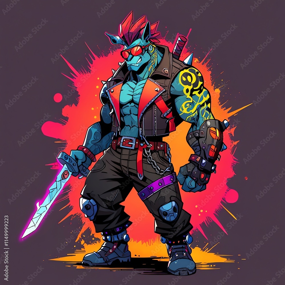 Fototapeta premium Neon Beast Rocker: A Fierce Cyberpunk Minotaur with a Katana