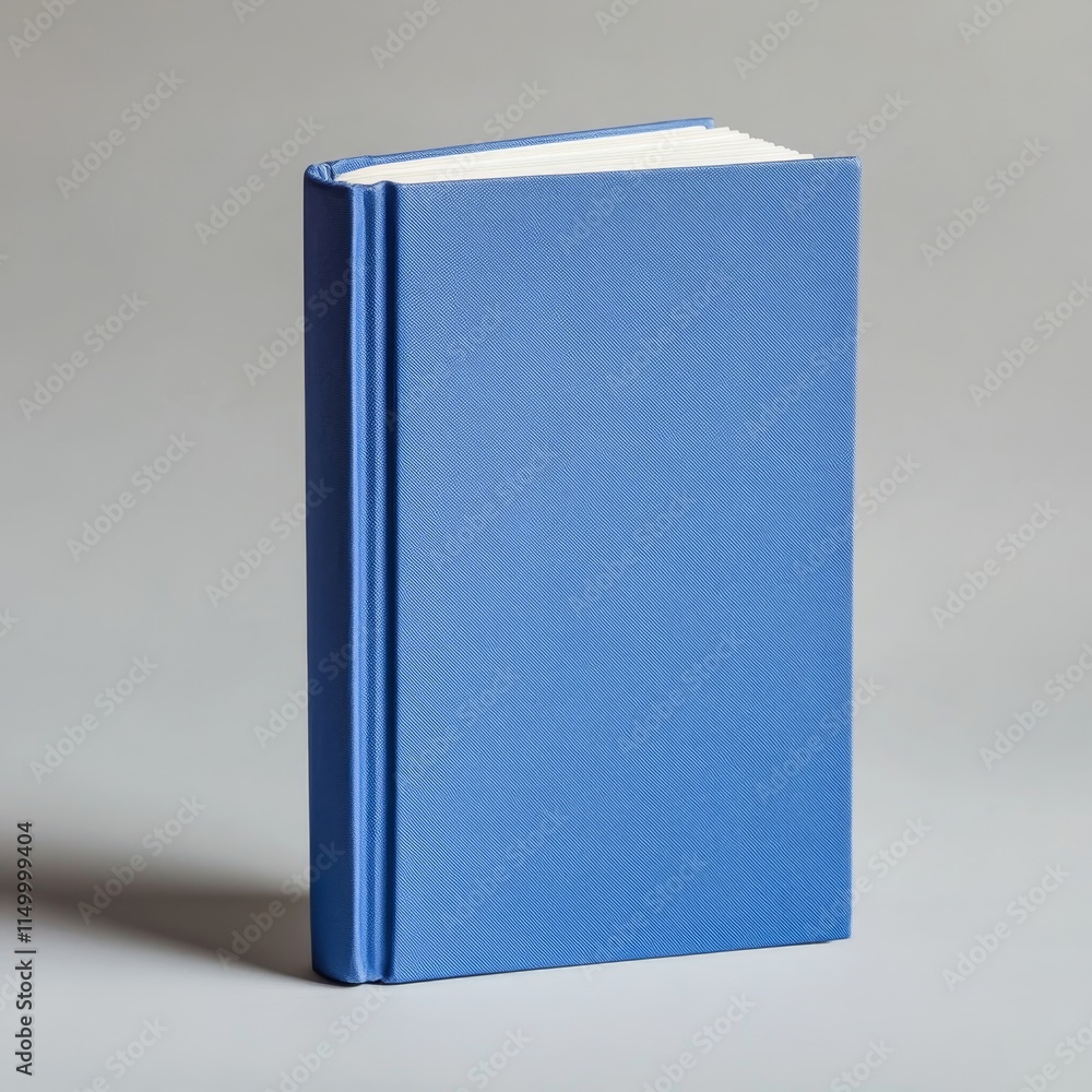A single, closed, blue hardcover book standing upright on a gray background. A single, closed, blue hardcover book standing upright on a gray background.