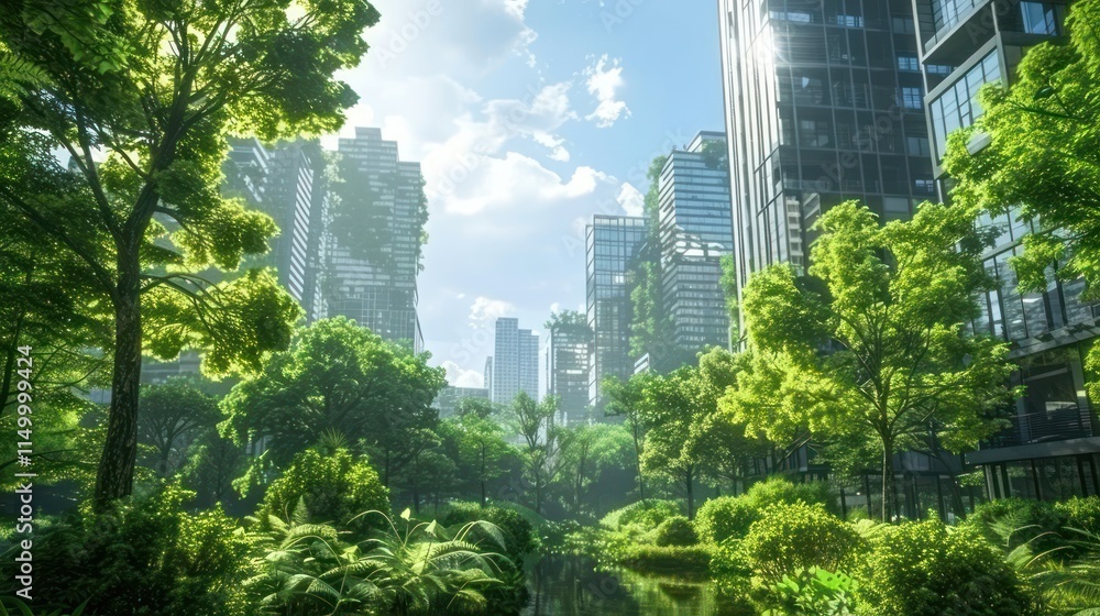 Fototapeta premium A vibrant urban landscape blending nature and modern architecture under a bright sky.