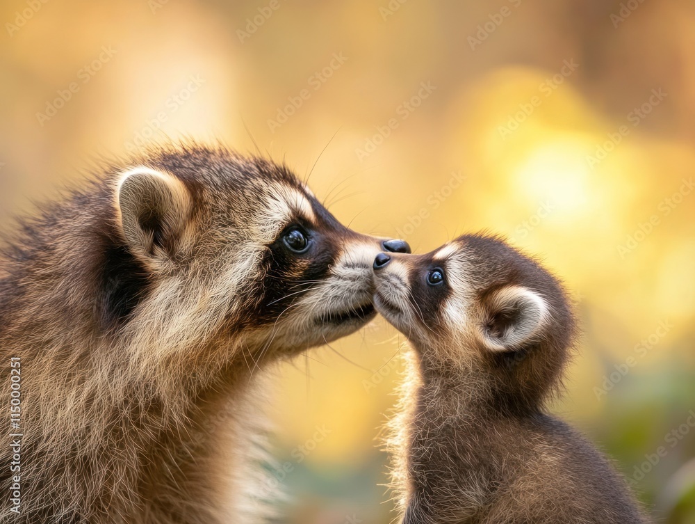 Fototapeta premium A tender moment between a raccoon and its baby, showcasing their close bond in nature.