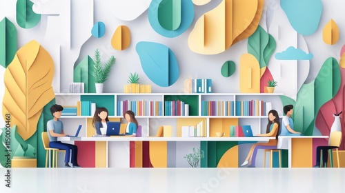 A vibrant workspace with people collaborating and studying in a colorful, modern environment.