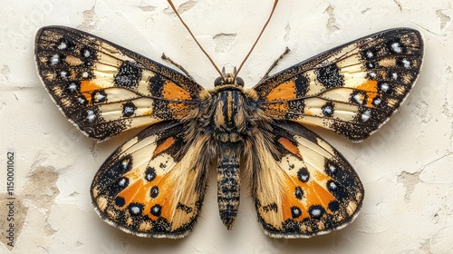 Cabbage moth Mamestra brassicae is displayed in full view its earthy brown wings highlighting intricate patterns against clean white background. captures its unique beauty. photo