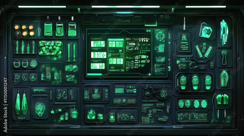 A futuristic control panel filled with various gadgets and tools, illuminated in green. A futuristic control panel filled with various gadgets and tools, illuminated in green.
