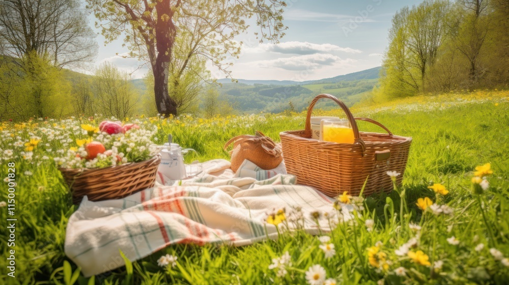 Springtime Picnic Basket In A Sunny Meadow Springtime Picnic Basket In A Sunny Meadow