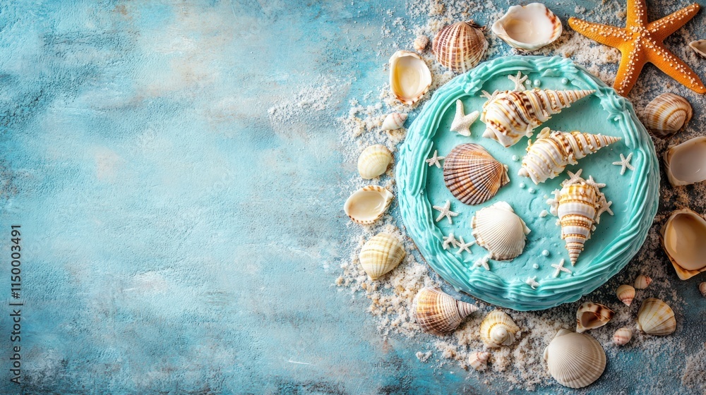Naklejka premium A decorative beach-themed cake surrounded by seashells and a starfish on a sandy surface.