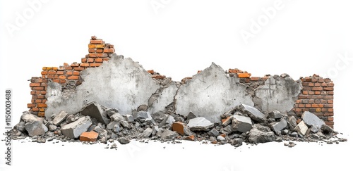 Destroyed brick and concrete wall with rubble isolated on white background.