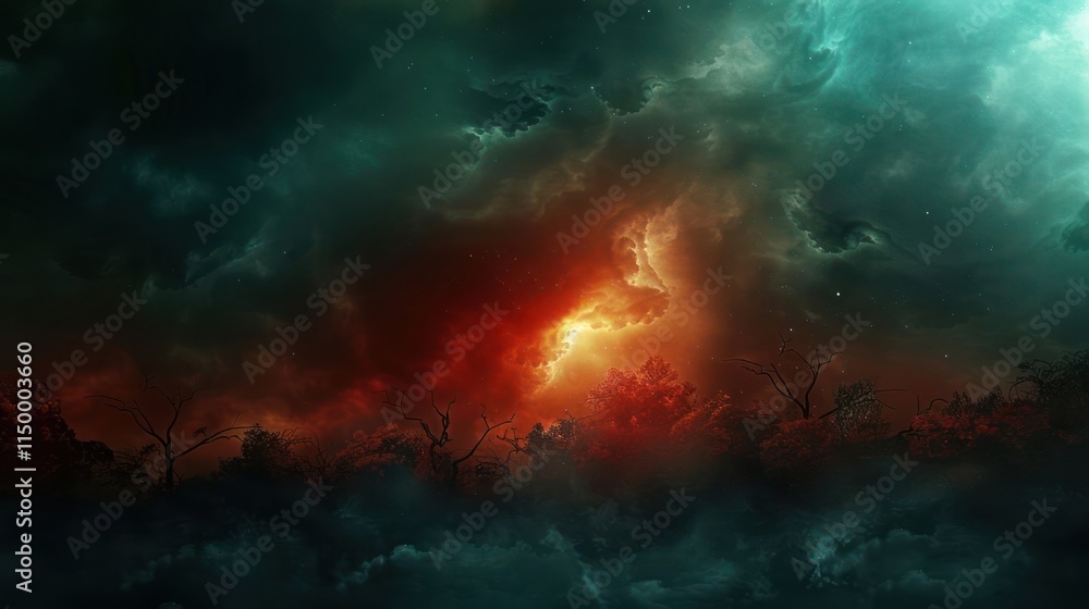 A dramatic sky filled with swirling clouds and vibrant colors, creating a mystical atmosphere. A dramatic sky filled with swirling clouds and vibrant colors, creating a mystical atmosphere.
