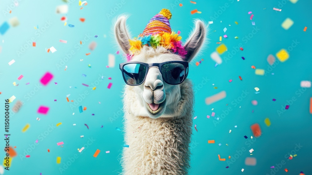 Obraz premium A festive llama wearing sunglasses and a colorful party hat amidst confetti.