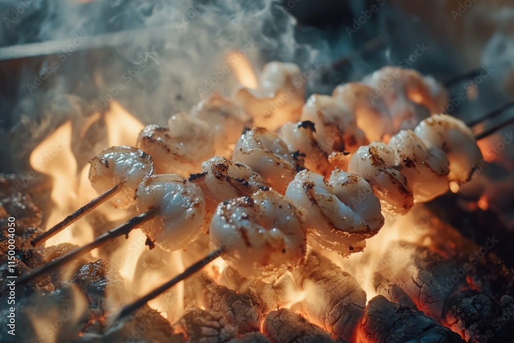 Grilled shrimp skewers sizzling over an open flame, showcasing a delicious cooking process. Grilled shrimp skewers sizzling over an open flame, showcasing a delicious cooking process.