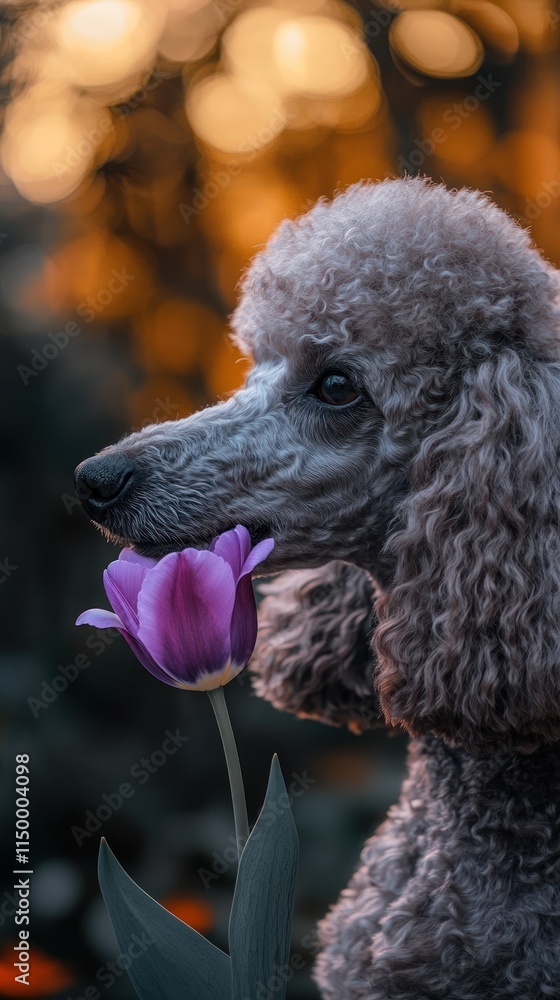 A poodle holds a tulip in its mouth, set against a warm, blurred background. A poodle holds a tulip in its mouth, set against a warm, blurred background.
