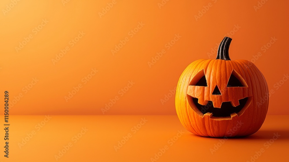 Carved pumpkin Jack-o-lantern on plain orange background Carved pumpkin Jack-o-lantern on plain orange background