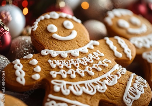 A close-up of gingerbread man cookies with white icing photo