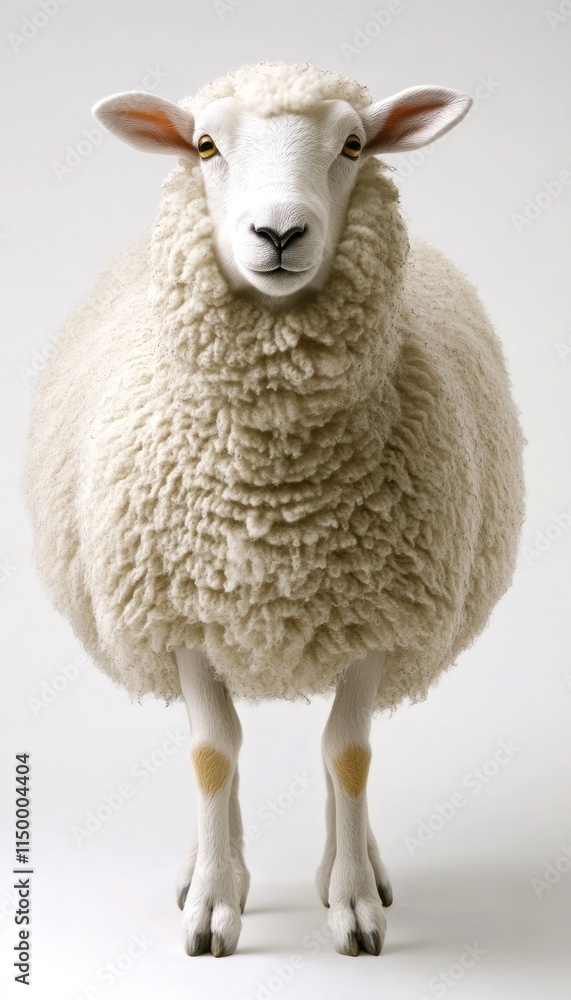 Fototapeta premium A fluffy white sheep stands upright against a plain background.