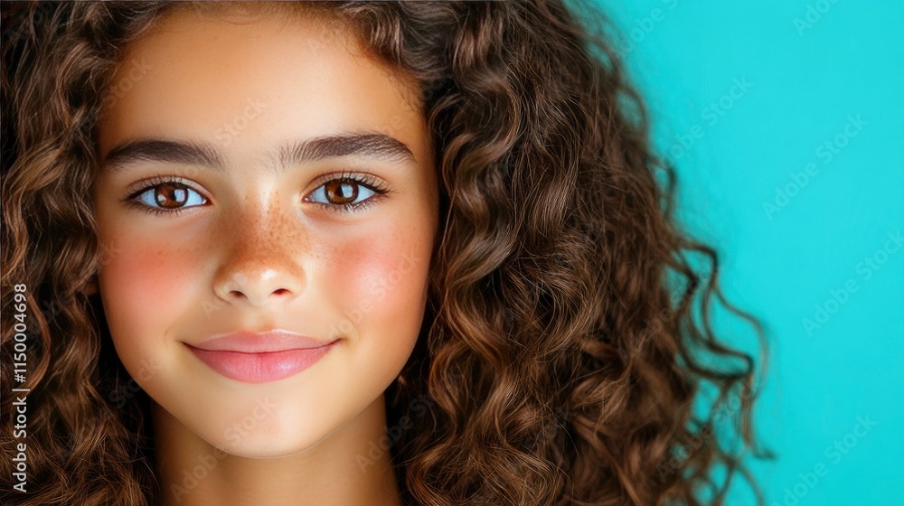 Portrait of a Young Woman with Curly Brown Hair Against a Teal Background Portrait of a Young Woman with Curly Brown Hair Against a Teal Background