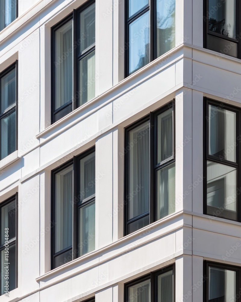 A close-up view of a modern building facade featuring multiple windows. A close-up view of a modern building facade featuring multiple windows.