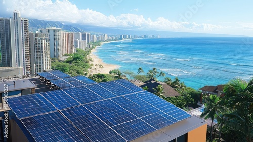 Solar Panels on Rooftop Overlooking Coastal Cityscape