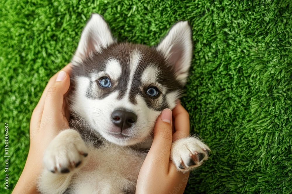 A cute husky puppy being held gently by hands on a green background. A cute husky puppy being held gently by hands on a green background.