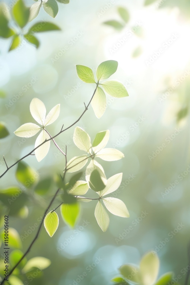 Delicate Green Leaves on Tree Branch in Soft Sunlight Delicate Green Leaves on Tree Branch in Soft Sunlight