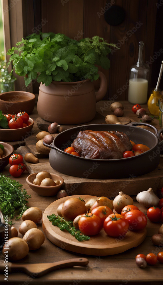A hearty beef stew prepared with fresh vegetables, displayed in a ceramic pot on a wooden counter, surrounded by raw ingredients like tomatoes, mushrooms, and herbs, creating a rustic and warm culinar A hearty beef stew prepared with fresh vegetables, displayed in a ceramic pot on a wooden counter, surrounded by raw ingredients like tomatoes, mushrooms, and herbs, creating a rustic and warm culinar