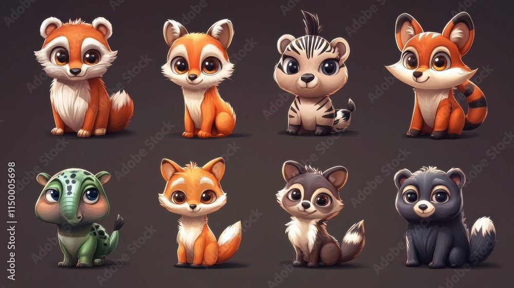Obraz premium Exotic forest animals. Cute cartoon animal zoo life, zebra fox bear. Wild safari, comic kids elephant panda and different african decent characters