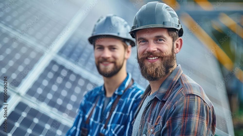 Two smiling workers in hard hats stand in front of solar panels, promoting renewable energy. Two smiling workers in hard hats stand in front of solar panels, promoting renewable energy.