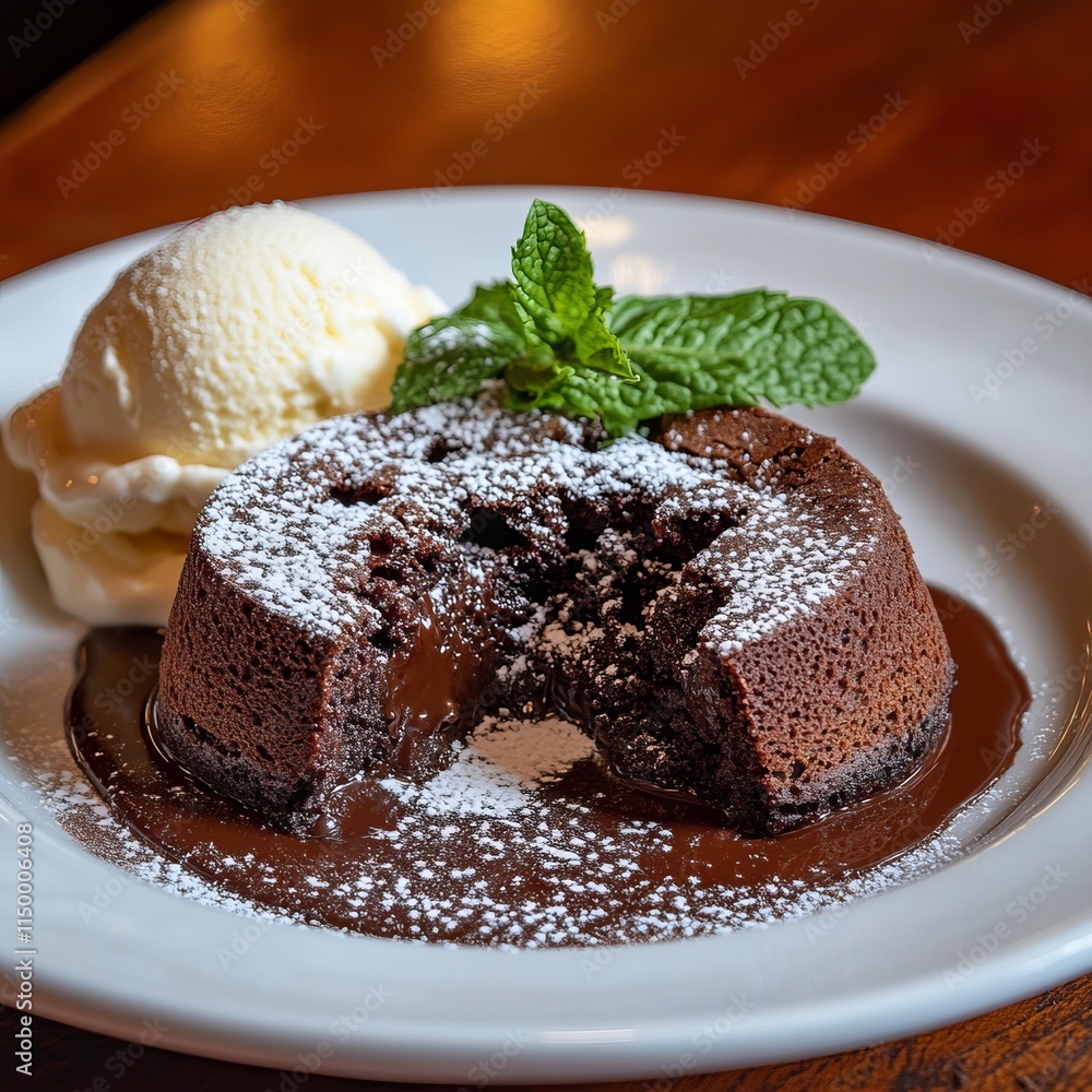 A decadent and rich chocolate lava cake with a gooey molten center, served in a white ramekin, Lava cake centered A decadent and rich chocolate lava cake with a gooey molten center, served in a white ramekin, Lava cake centered