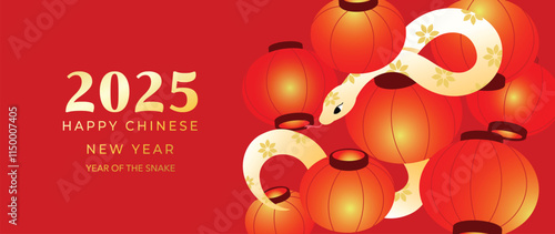 Happy Chinese new year 2025 background vector. Year of the snake design wallpaper with lantern, snake. Modern luxury oriental illustration for cover, banner, website, envelope. 