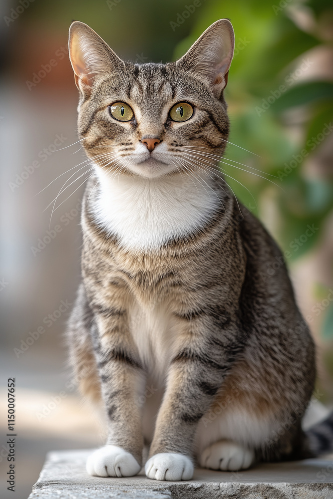 Beautiful tabby cat sits calmly outdoors in a serene garden setting under soft natural light Beautiful tabby cat sits calmly outdoors in a serene garden setting under soft natural light