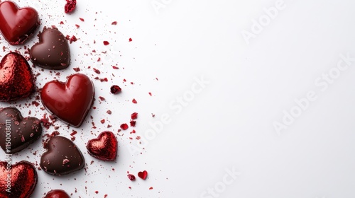 A close-up of luxurious Valentine's chocolates on a clean white background with ample room for text overlay.