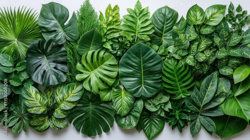Lush green tropical leaves arranged in a row. Lush green tropical leaves arranged in a row.