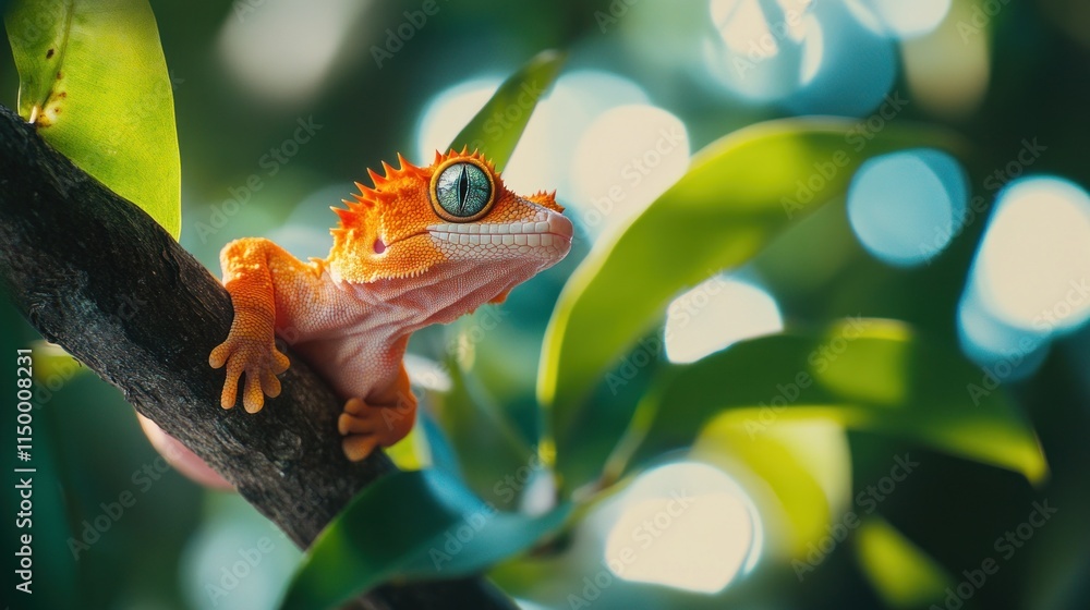 A vibrant gecko perched on a branch amidst lush greenery. A vibrant gecko perched on a branch amidst lush greenery.