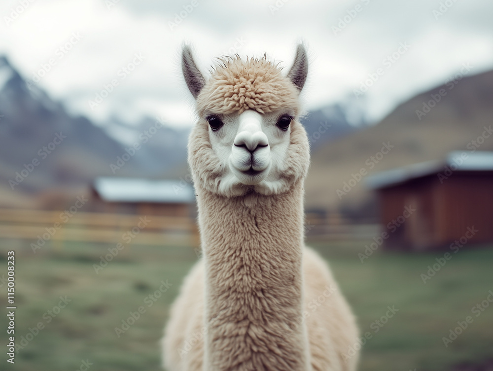 Obraz premium Llama standing in serene mountainous landscape with rustic buildings in background