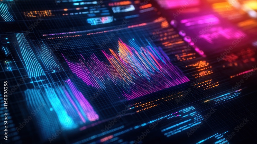 Abstract digital visualization of sound waves with vibrant colors and data patterns. Abstract digital visualization of sound waves with vibrant colors and data patterns.