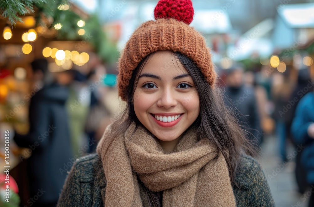 A woman with curly hair wearing winter and smiling while standing in front of Christmas lights at an outdoor market A woman with curly hair wearing winter and smiling while standing in front of Christmas lights at an outdoor market
