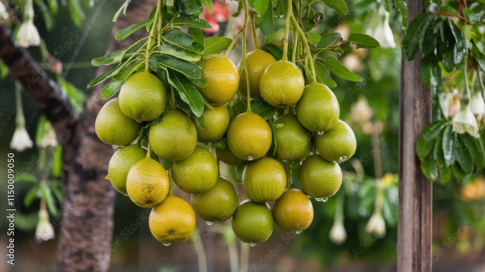 Photo of ripe guava fruits hanging from their stems. The fruits are surrounded by fresh green foliage. There are fruit trees in the background. The background is blurred. Photo of ripe guava fruits hanging from their stems. The fruits are surrounded by fresh green foliage. There are fruit trees in the background. The background is blurred.