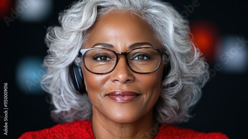 Confident Mature Woman with Grey Hair and Glasses Wearing Headphones