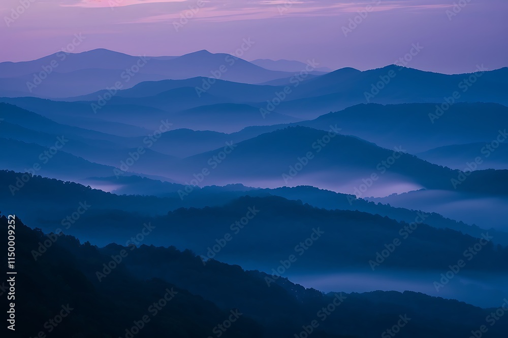 Layers of blue mountains at sunrise, shrouded in mist. A tranquil, scenic vista with soft light and a peaceful atmosphere. Deep blues and purples dominate the palette. Layers of blue mountains at sunrise, shrouded in mist. A tranquil, scenic vista with soft light and a peaceful atmosphere. Deep blues and purples dominate the palette.