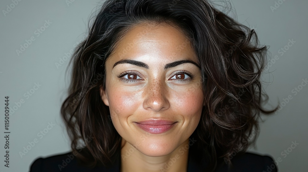 Confident and Smiling Young Woman with Freckles and Curly Hair Confident and Smiling Young Woman with Freckles and Curly Hair