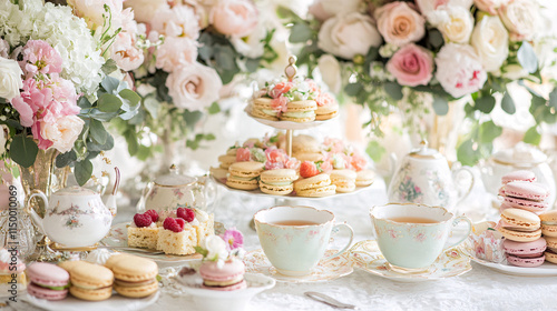 Wallpaper Mural An elegant tea party setup, featuring delicate teacups, scones, finger sandwiches, and macarons, with floral arrangements enhancing the scene.  Torontodigital.ca