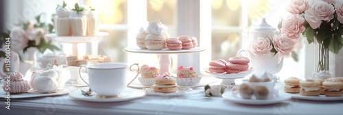Wallpaper Mural An elegant tea party setup, featuring delicate teacups, scones, finger sandwiches, and macarons, with floral arrangements enhancing the scene.   Torontodigital.ca