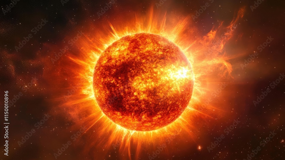 Vibrant Sun Surrounded by Fiery Solar Flares in Dark Space Vibrant Sun Surrounded by Fiery Solar Flares in Dark Space