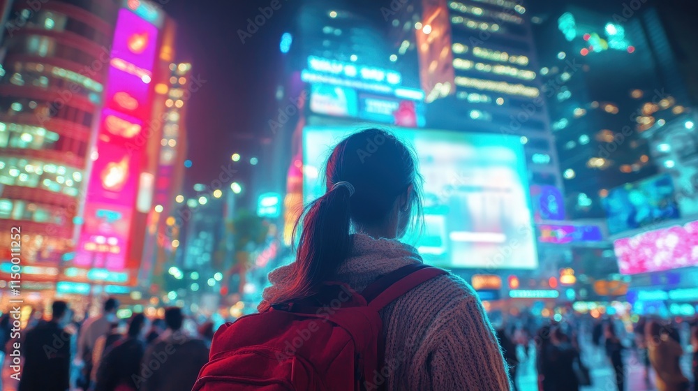 A person stands in a bustling city at night, surrounded by vibrant lights and crowds. A person stands in a bustling city at night, surrounded by vibrant lights and crowds.