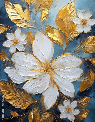 Generated image Decorative floral background with white flowers and golden leaves