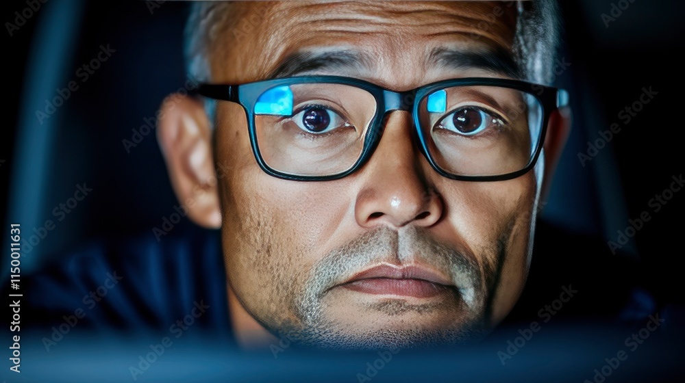 Focused Man Working Late on Computer at Night Focused Man Working Late on Computer at Night