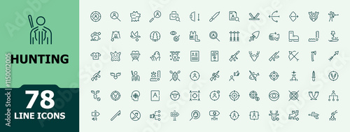 Hunting icon pack. Includes thin line man, fire, arrow, fish, hunting and more. Minimal and simple line vector. Editable stroke. Vector illustration.
