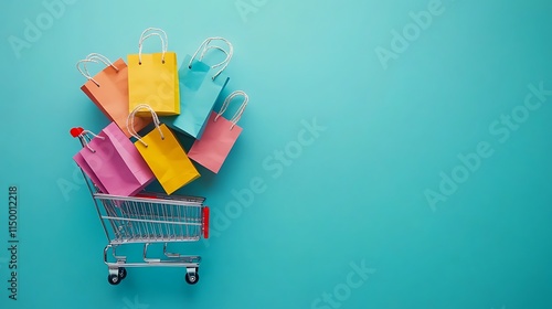 The concept of online shopping a mini shopping cart with colorful bags photo