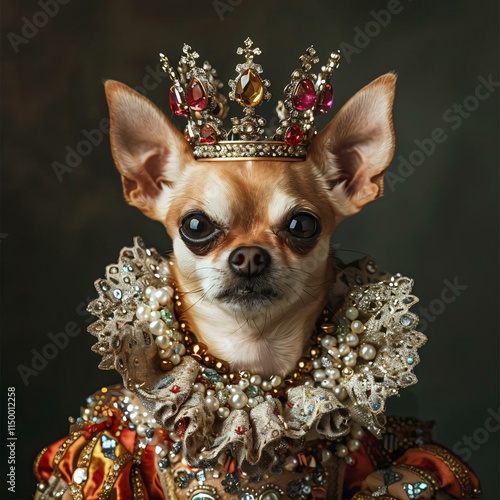 Chihuahua dog wears lavish Renaissancestyle dress crown adorned pearls gemstones gold dark background photo