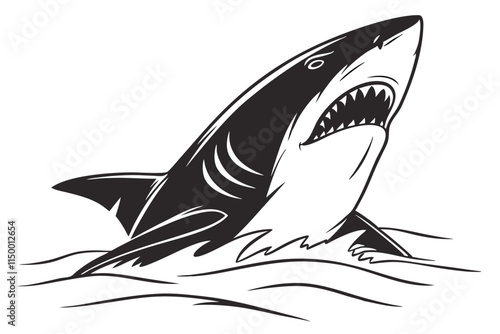 A shark fin emerging from the water, black silhouette vector on a white background