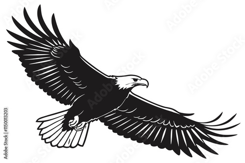 Silhouette of a soaring eagle with spread wings against a white background